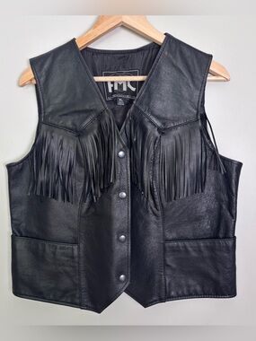 FMC Vintage Leather Fringe Vest-Black-Women's XL-Western-Biker-Boho-Snap Button